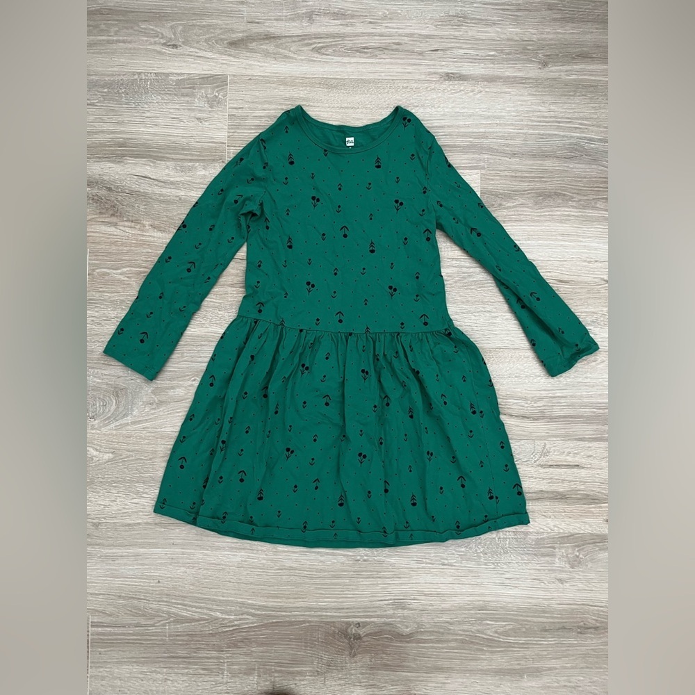 Tea Collection Girl’s Long Sleeve Skirted Green Floral Dress - Size 12